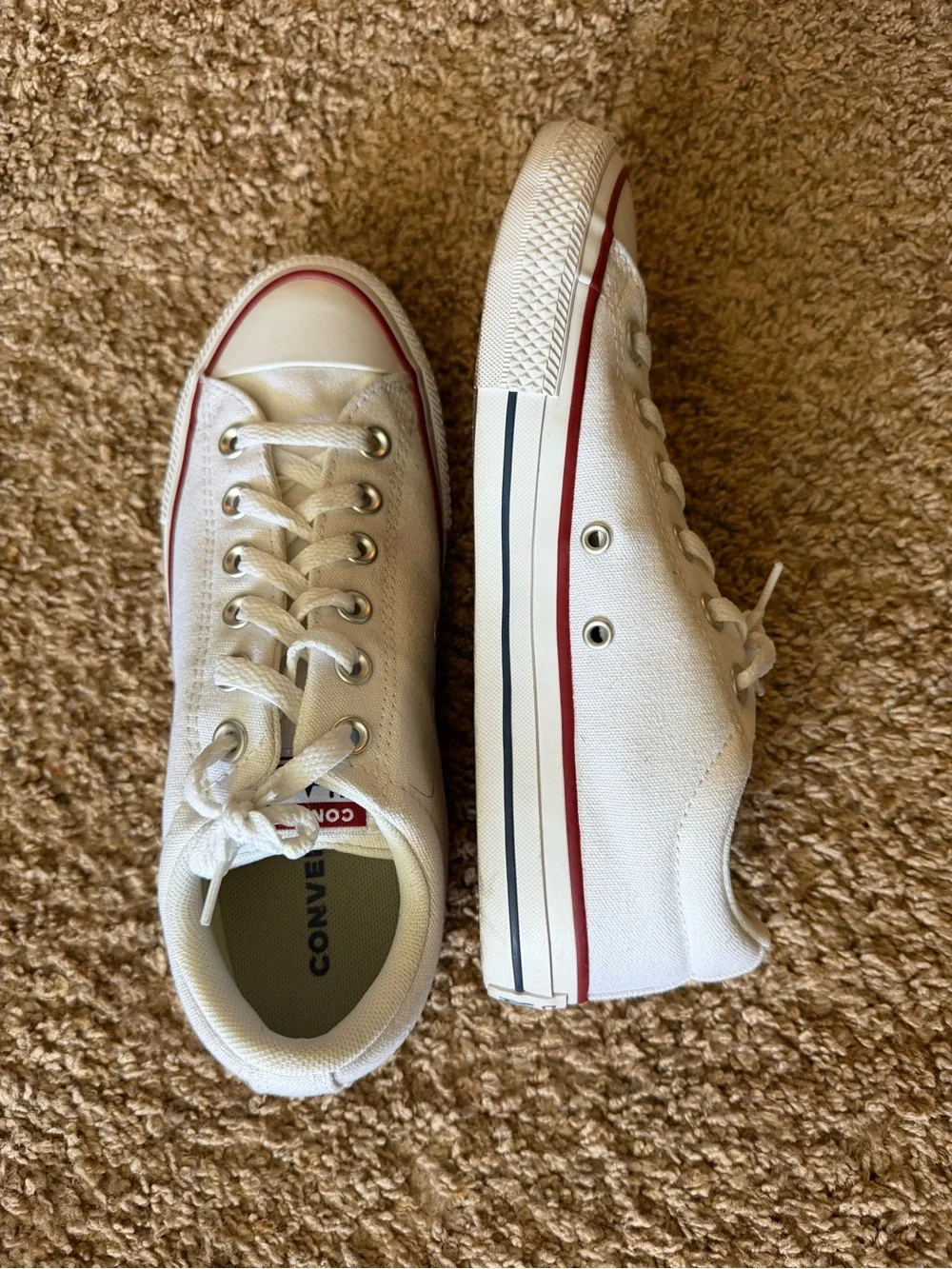 Converse Low Top Sneakers in Off-White with Red & Navy Accents